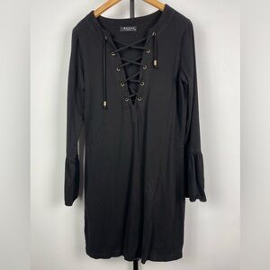 Maven‎ West Black Lace-Up Neckline Long Bell Sleeve Mini Shift Dress